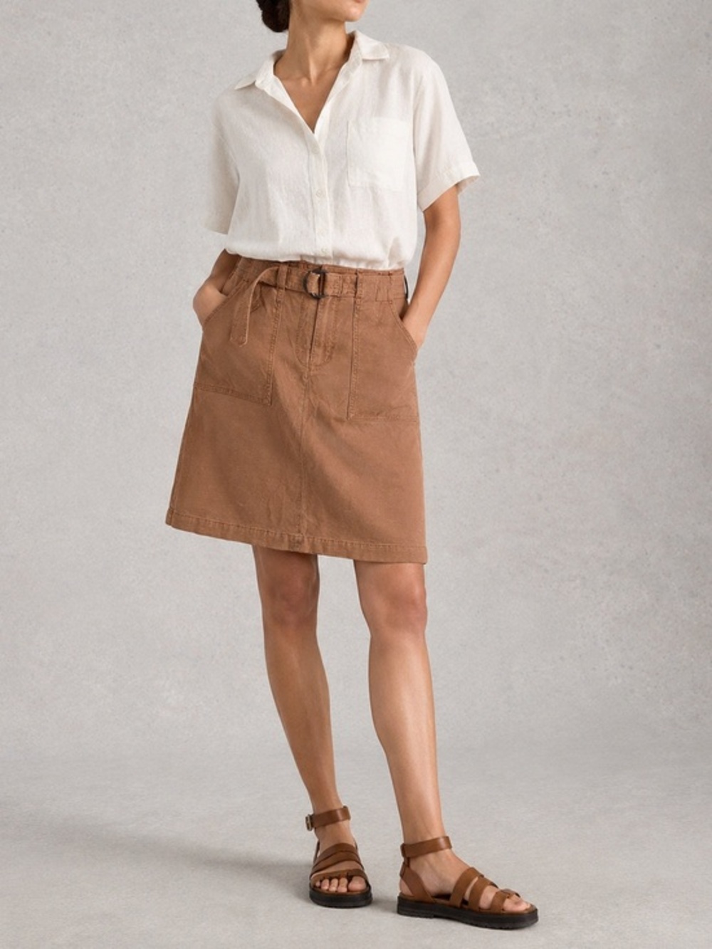 White stuff tan linen blend belted skirt 8